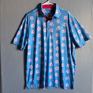 Grunk Dolfer Golf Polo Shirt Men's L Blue Hibiscus Flower Performance Stretch